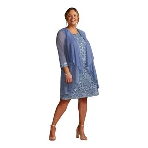 R&M Richard's  Floral Lace Dress With Chiffon Jacket Style #7078 Dusty Blue